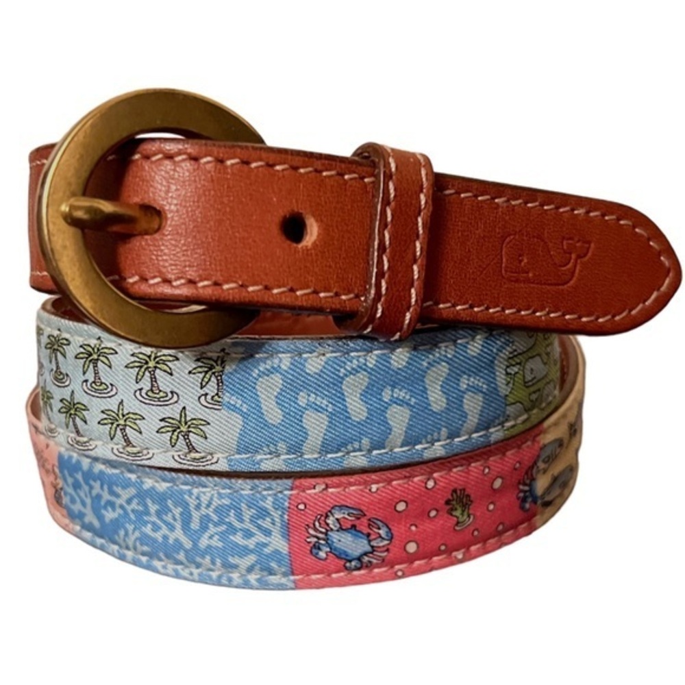 Vineyard Vines Patchwork Silk belt brown leather trim EUC
